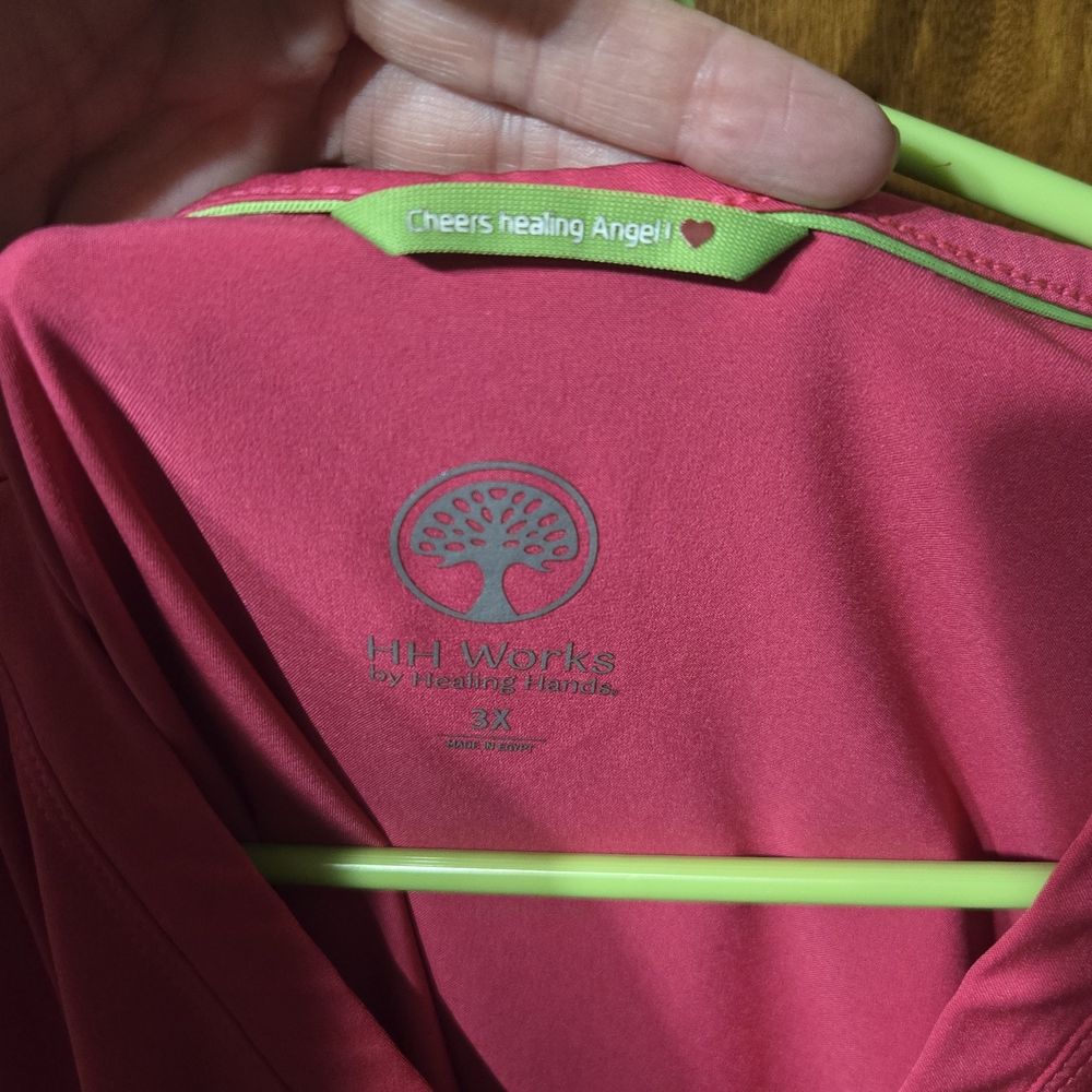 Healing Hands Women’s V-Neck Scrub Top in Bright Pink with Lime Trim - Picture 3 of 3